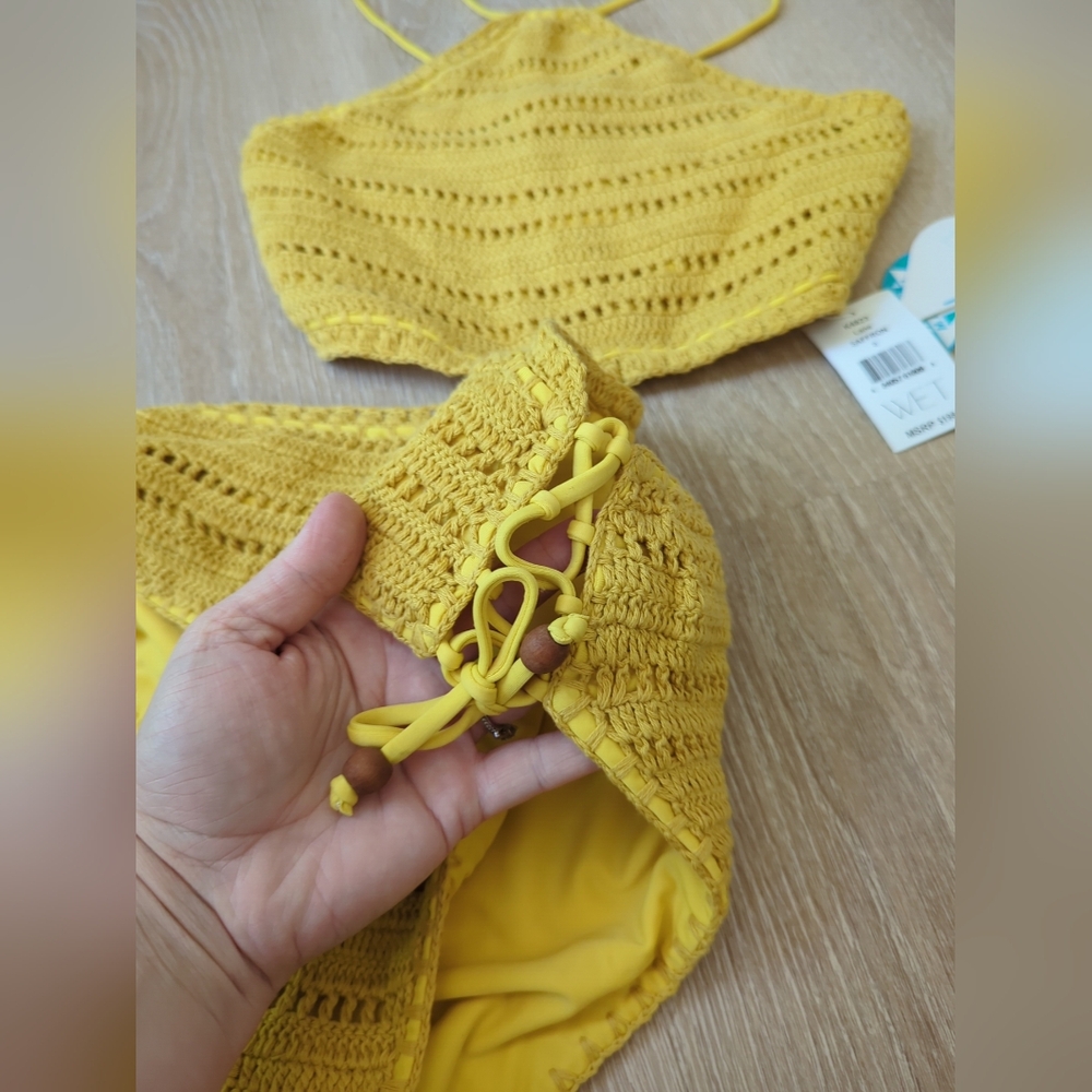 WET Lane Saffron Crochet Cutout Mustard Yellow Swimsuit One Piece XS, S $198 - Picture 3 of 8